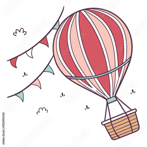 A vibrant hot air balloon floating over a picturesque landscape with colorful flags Vector