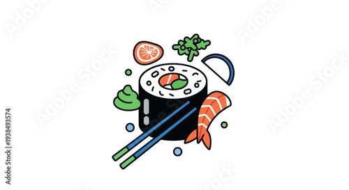 Sushi roll with chopsticks on white background