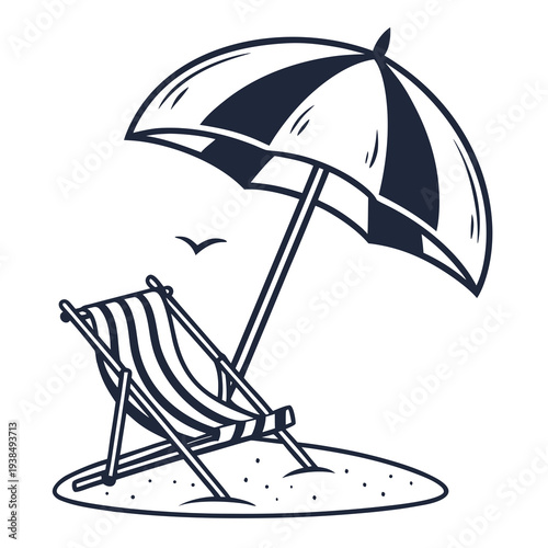 A serene beach scene with a deck chair and an open umbrella Vector