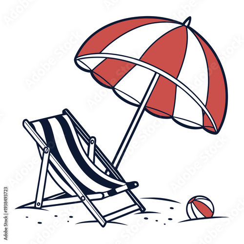 A relaxing beach scene with a deck chair and a red and white umbrella. Vector