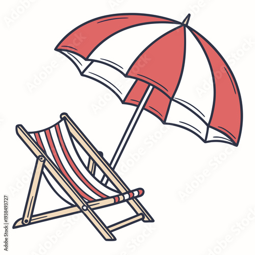 A colorful beach chair with a matching umbrella under a clear blue sky. Vector