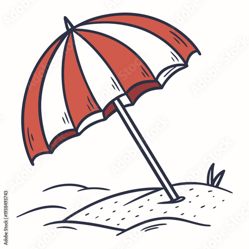 A red and white striped beach umbrella providing shade on a sandy shore Vector