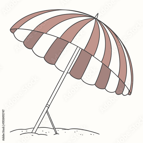 A large brown and white striped umbrella standing on a sandy beach. Vector
