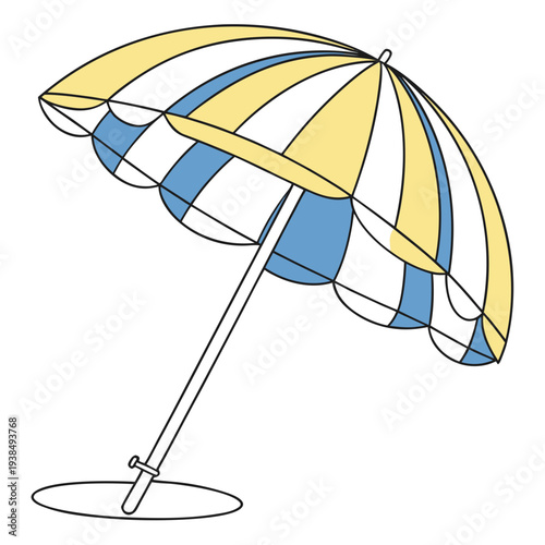 A vibrant beach umbrella with blue and yellow stripes providing shade on a sunny day Vector