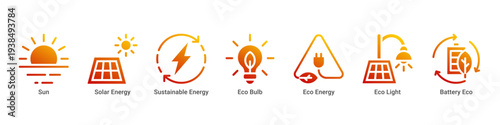 Solar Power web banner icon vector illustration featuring Sun,Solar Energy,Sustainable Energy,Eco Bulb,Eco Energy,Eco Light,and Battery Eco icons promoting renewable electricity solutions.