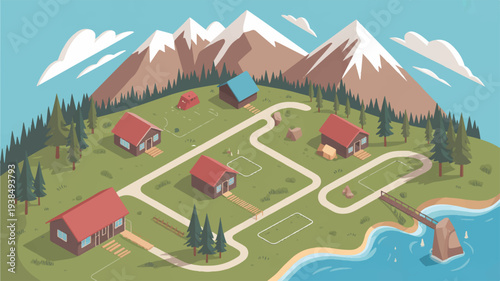 Serene mountain resort village with winding roads and red roofed cabins surrounded by evergreen trees and snow capped peaks under a blue sky with fluffy