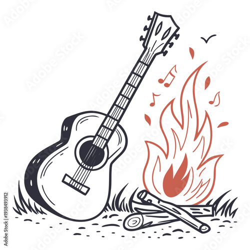 A guitar burning with vibrant flames in a surreal and artistic illustration Vector