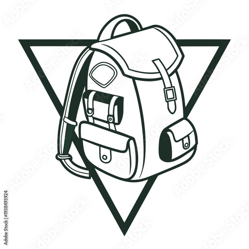 A backpack with a water bottle and a thermos, set against a triangular background Vector