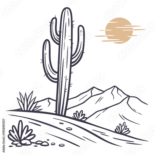 A lone cactus stands tall in a desert landscape under a setting sun Vector