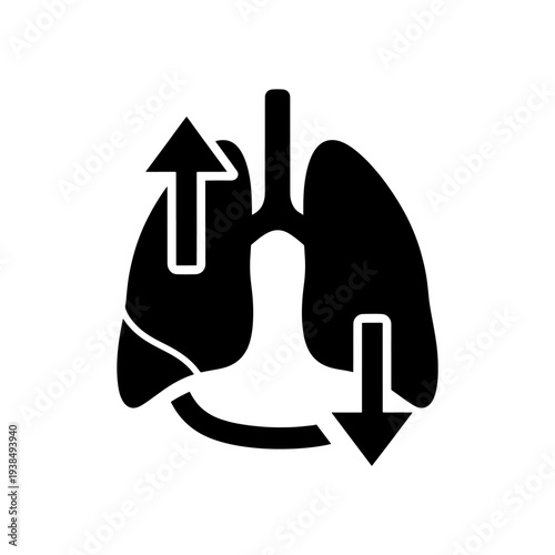 A stark black illustration depicts human lungs with arrows showing airflow a medical silhouette