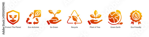 Planet Action web banner icon vector illustration featuring Protect The Planet,Eco Activism,Go Green,Recycle,Plant A Tree,Green Earth,and Eco Friendly icons promoting global action.