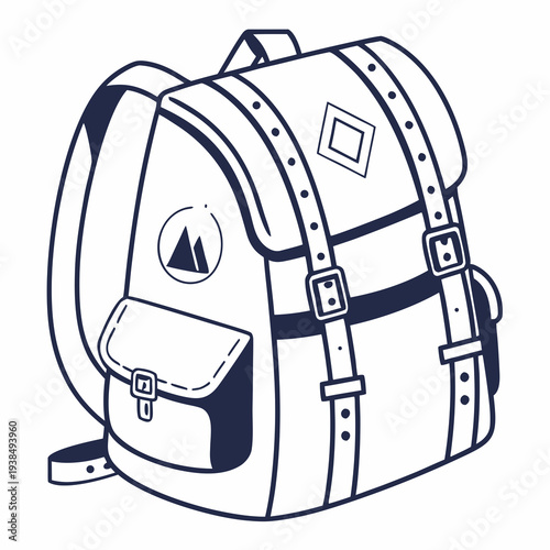 A detailed illustration of a backpack with various compartments and straps. Vector