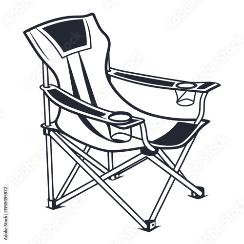 A black and white illustration of a folding chair with a built-in table Vector
