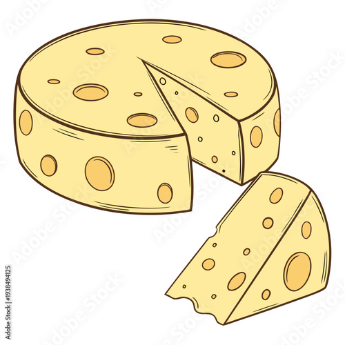 A delicious wedge of cheddar cheese with a creamy yellow hue and holes. Vector