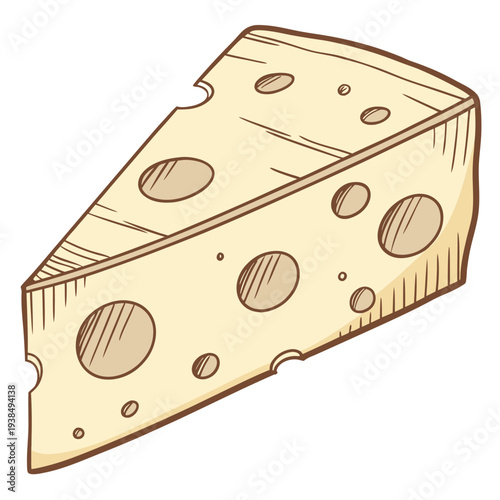A close-up view of a wedge of swiss cheese with visible holes and a yellow rind. Vector