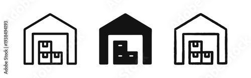 Warehouse storage facility with stacked boxes icon set in outline, silhouette, and hand-drawn styles