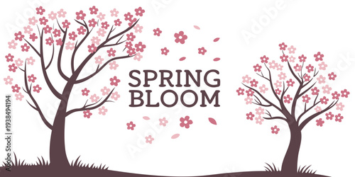 Spring bloom with blossoming cherry trees and a vibrant pink sky Vector