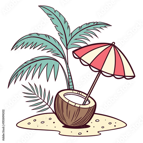A tropical drink with a colorful umbrella and palm leaves in the background. Vector