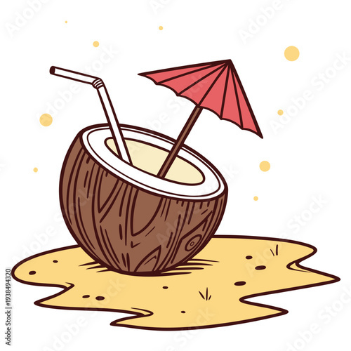 A tropical coconut mocktail with a colorful umbrella on a sandy beach Vector