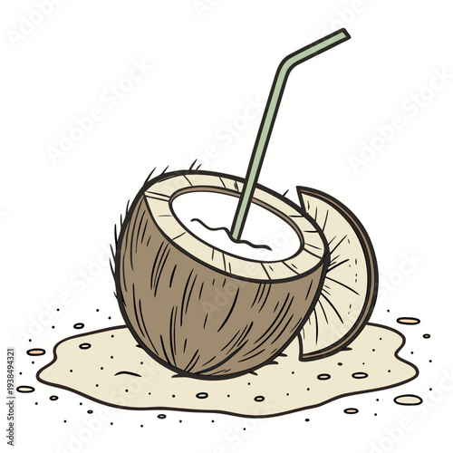 A refreshing coconut drink with a straw on a sandy beach. Vector