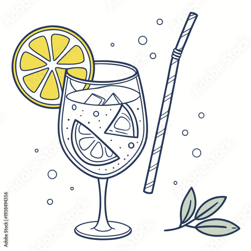 A refreshing cocktail with a slice of lemon and a mint leaf in a fancy glass Vector