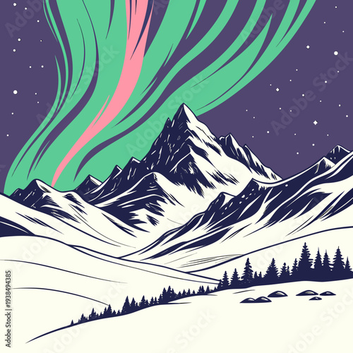 A mesmerizing display of the northern lights over a snowy mountain range Vector