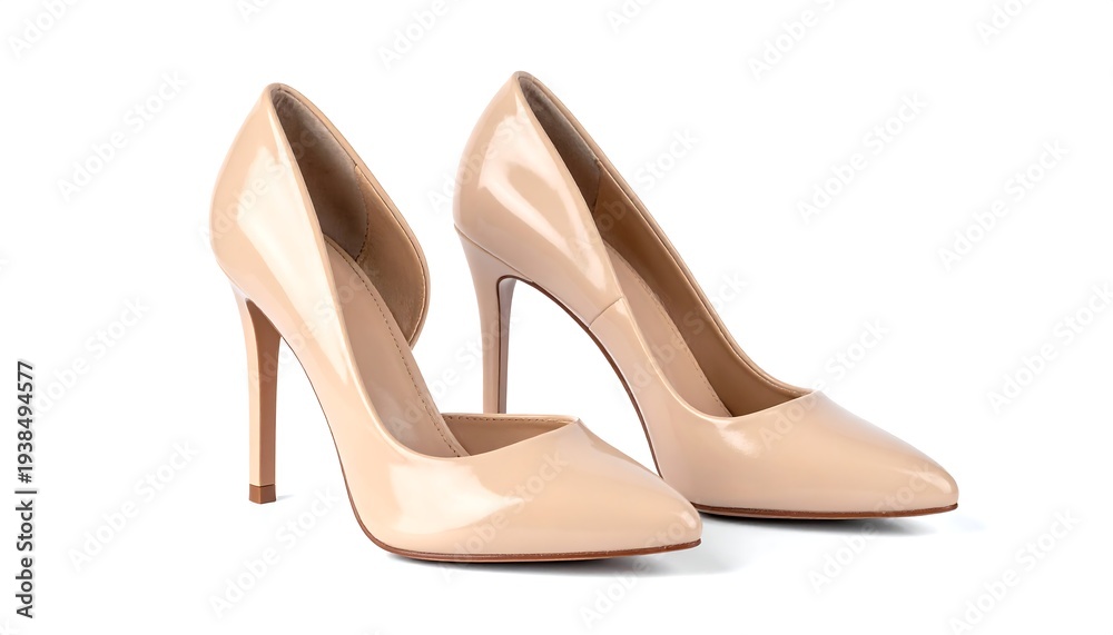 Naklejka premium Two glossy, beige-colored, high-heeled shoes are displayed on a white background in a studio setting