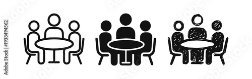 Group of people sitting around a table icon set for meeting, discussion, or teamwork