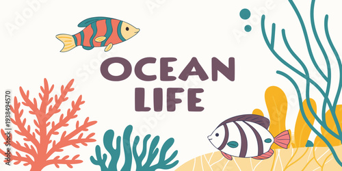 Vibrant underwater scene showcasing diverse ocean life and coral reefs Vector