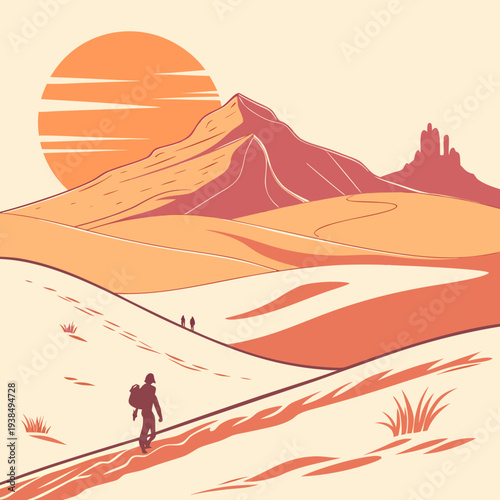 A lone traveler embarks on a journey across vast desert landscapes under a setting sun Vector