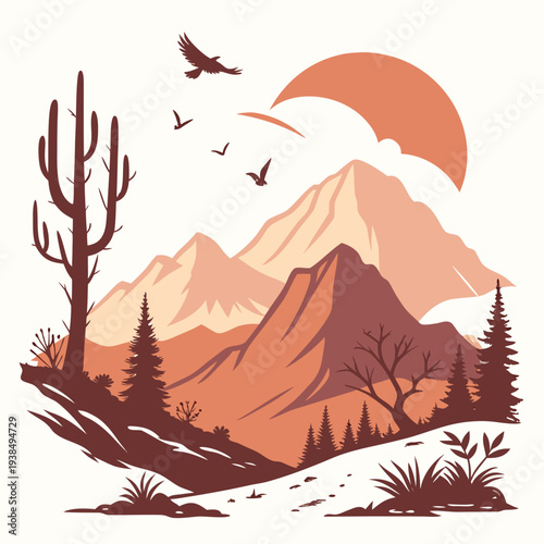 A serene landscape with a bird soaring over mountains and cacti under a clear sky Vector