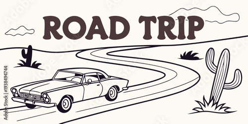 A vintage illustration of a road trip with cars and a winding road. Vector