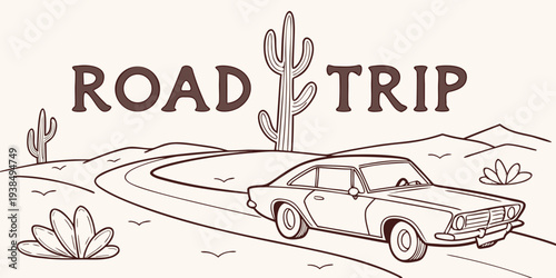 A vintage car travels down a road surrounded by desert plants and cacti. Vector