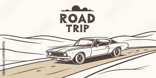 A vintage car drives along a scenic road trip route Vector