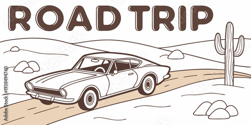 A vintage car parked on a road with a suitcase, ready for an exciting adventure. Vector
