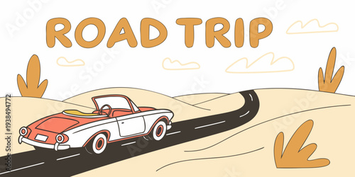 A vibrant illustration of a car on a road trip with a scenic background Vector