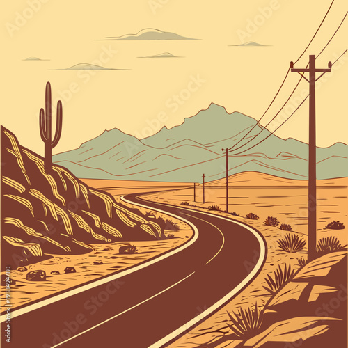 A winding road stretches into the distance, flanked by cacti and power lines under a hazy sky. Vector