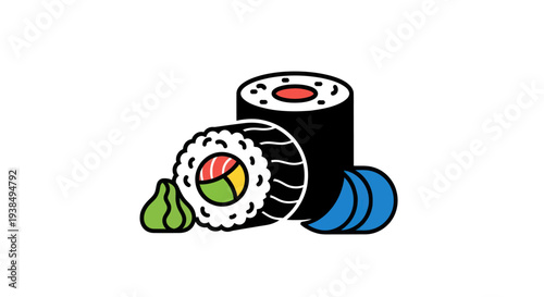 Sushi rolls and condiments illustration