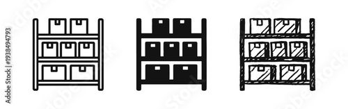 Warehouse shelving with stacked boxes icon set in outline, silhouette, and hand-drawn styles