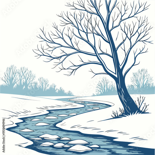 A serene winter landscape with a bare tree standing by a frozen stream. Vector
