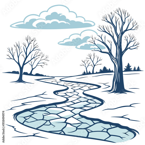 A serene winter landscape with a winding stream and bare trees Vector