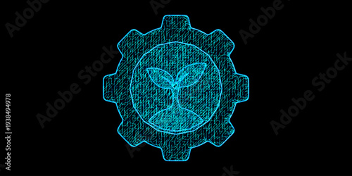 Eco Friendly Engineering Icon with Seedling Sprout inside Industrial Gear in Neon Blue Geometric Mesh Grid Style for Green Energy and Innovation