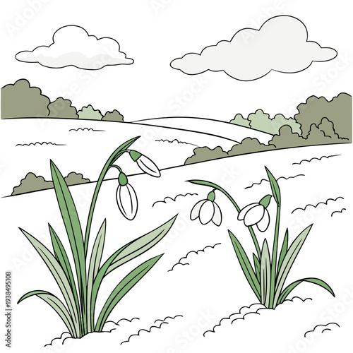 A serene landscape featuring a river flowing through a lush green field with tall grass and a clear sky. Vector