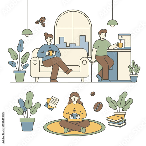 People enjoying coffee break in cozy home setting.