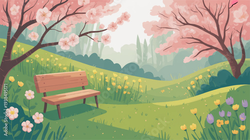 Serene park bench surrounded by blooming cherry blossoms and vibrant flowers in a lush green landscape under soft natural lighting