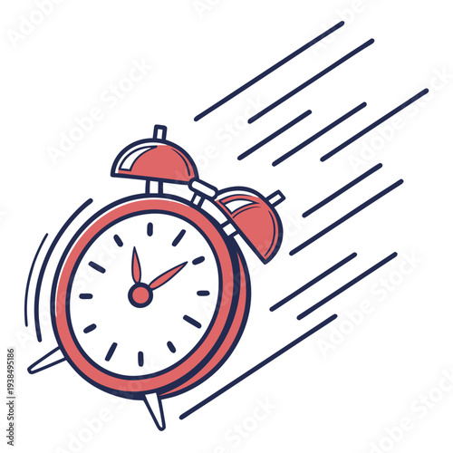 A red alarm clock with a bell on top, surrounded by white swirls. Vector