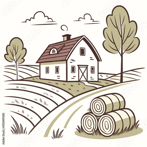 A serene countryside farmhouse surrounded by trees and rolling hills with hay bales in the foreground Vector