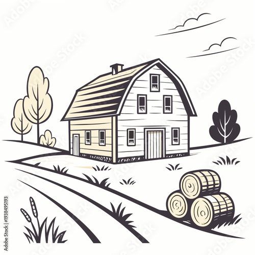 A charming countryside house with a red roof and a small garden in front Vector