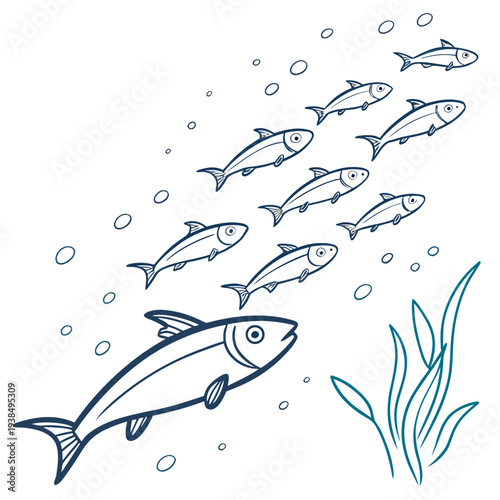 A group of fish swimming together in a vibrant underwater scene with bubbles. Vector