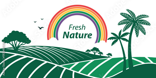 A vibrant logo featuring a rainbow arching over a lush green field with palm trees. Vector